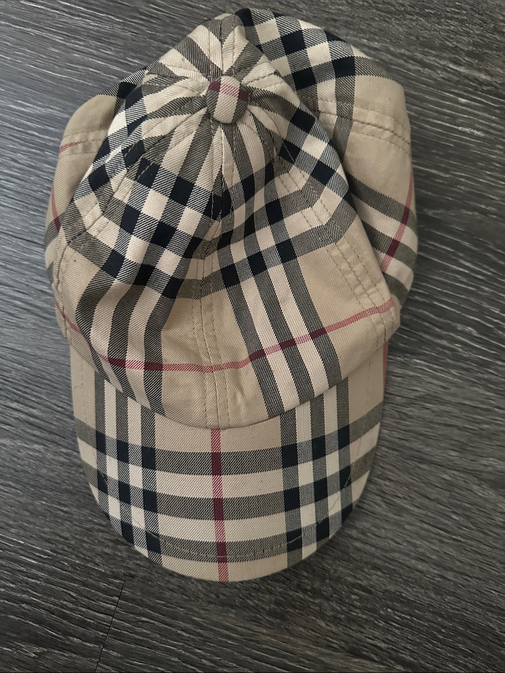 Burberry Beige Plaid Baseball Cap with Navy and Red Stripes